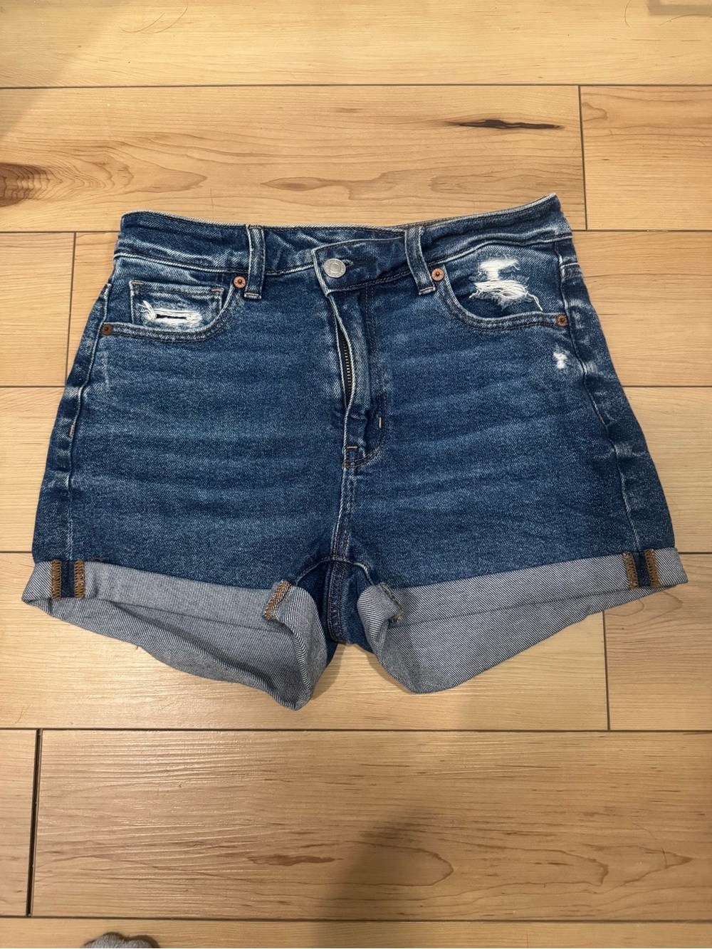 American Eagle Women’s Dark Wash Denim Roll-Cuff Shorts with Asymmetrical Button